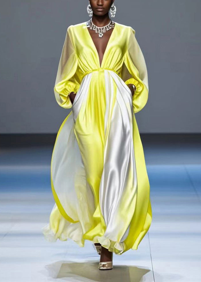 Gradient Yellow V Neck Draping Silk Long Dress Lantern Sleeve