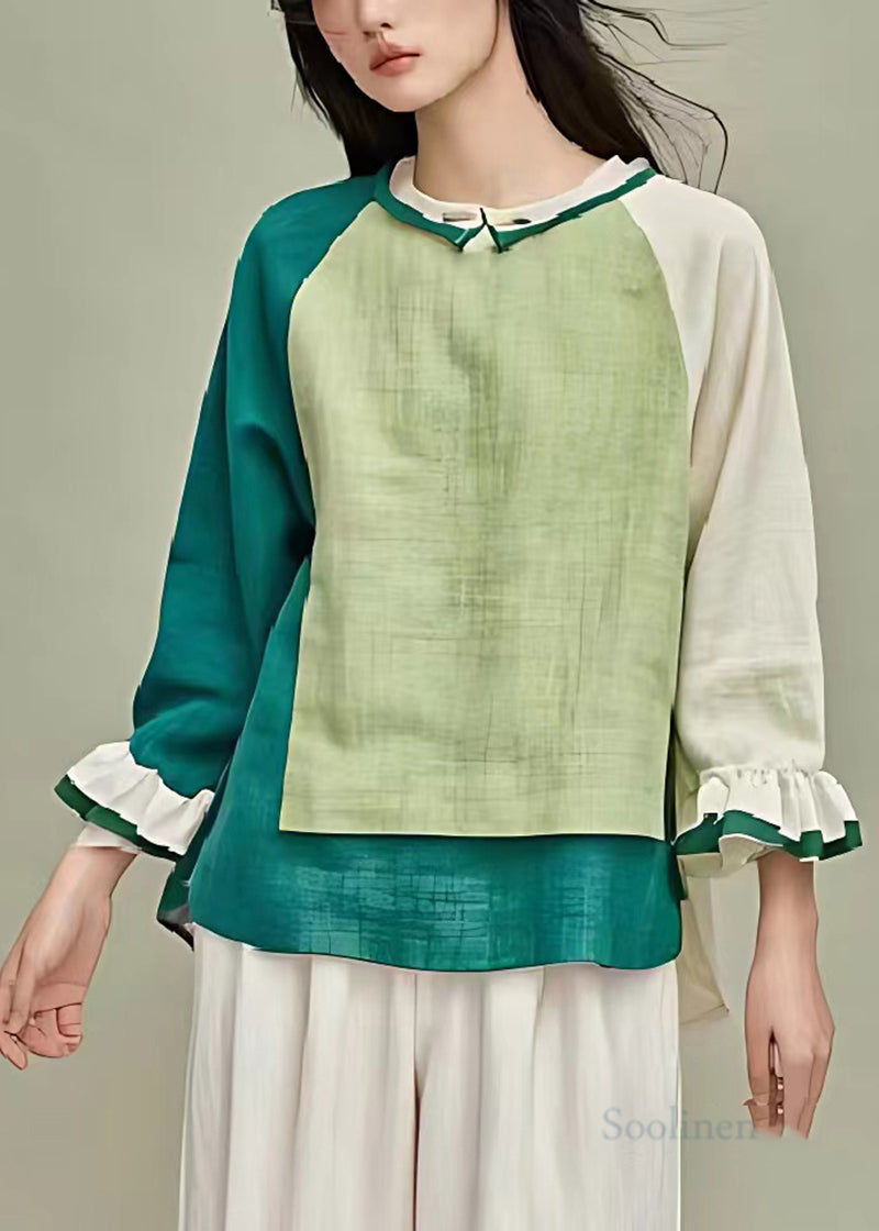 Boho Grass Green Asymmetrical Patchwork Linen Blouse Top Summer
