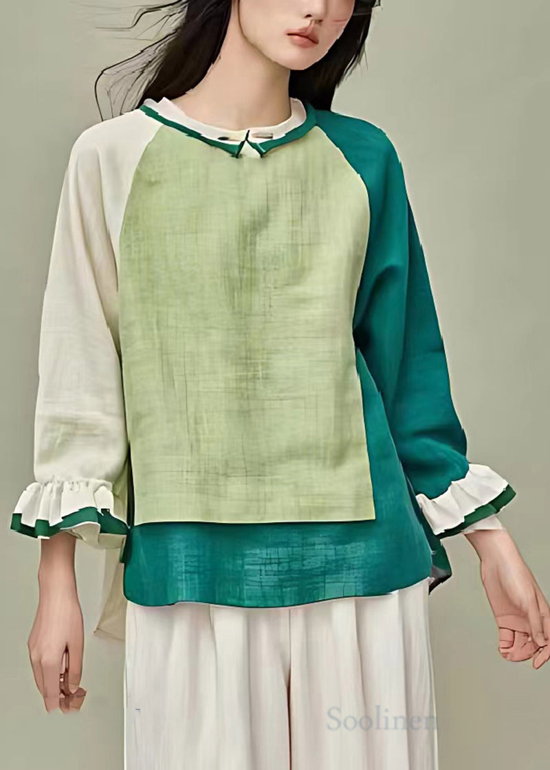 Boho Grass Green Asymmetrical Patchwork Linen Blouse Top Summer