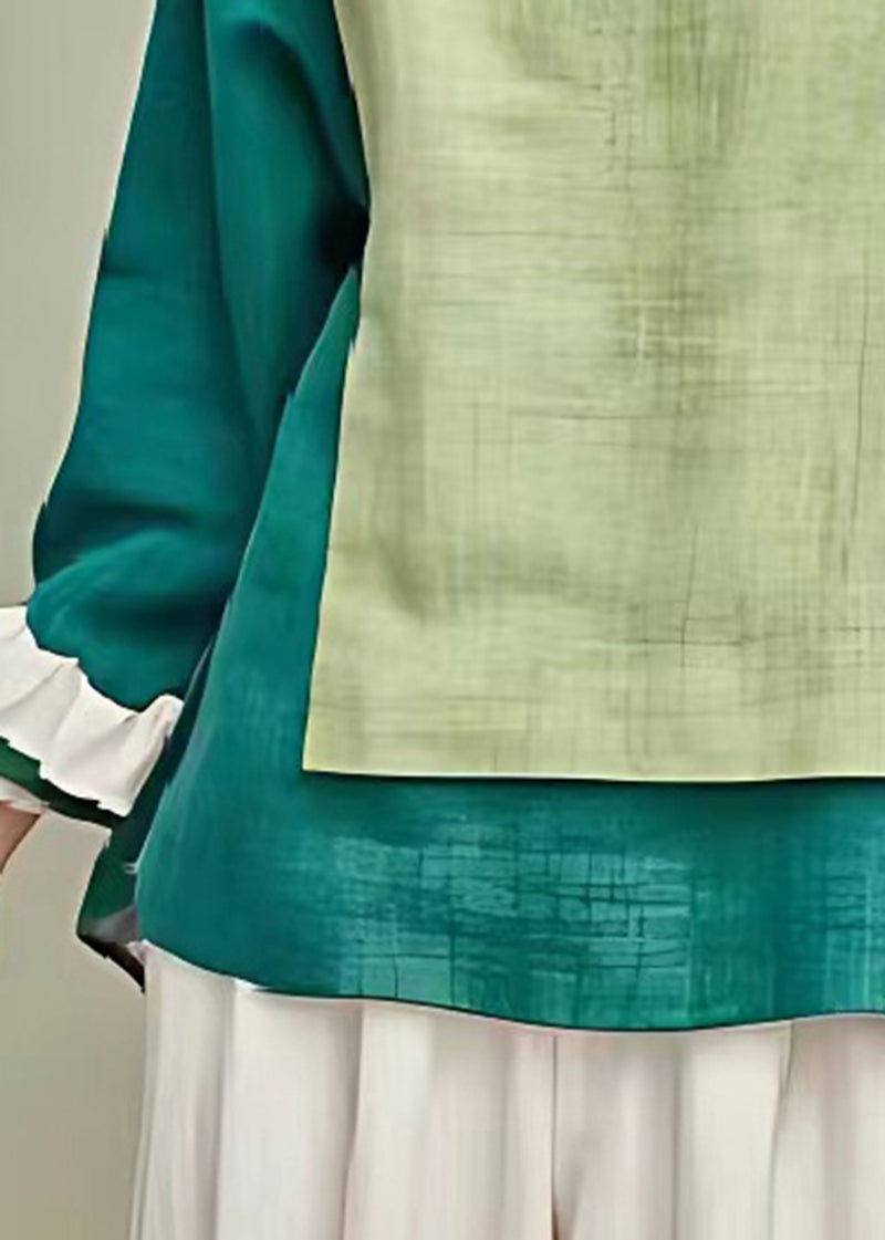 Grass Green Asymmetrical Patchwork Linen Blouse Top Summer