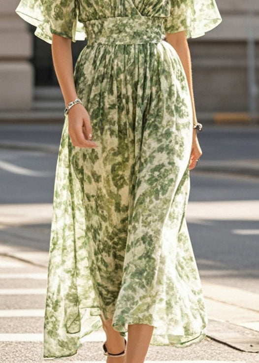 Grass Green Print Chiffon Beach Dress Summer