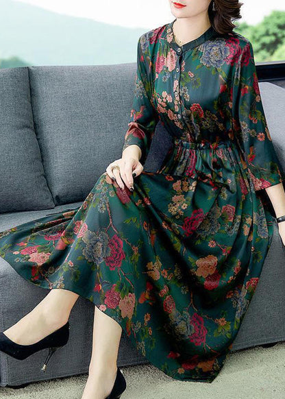 Green Cinched Print Silk Dresses Bracelet Sleeve