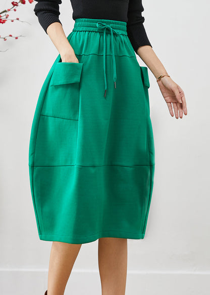 Green Elastic Waist Patchwork Cotton Skirts Fall