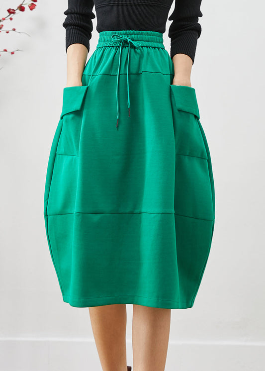 Green Elastic Waist Patchwork Cotton Skirts Fall