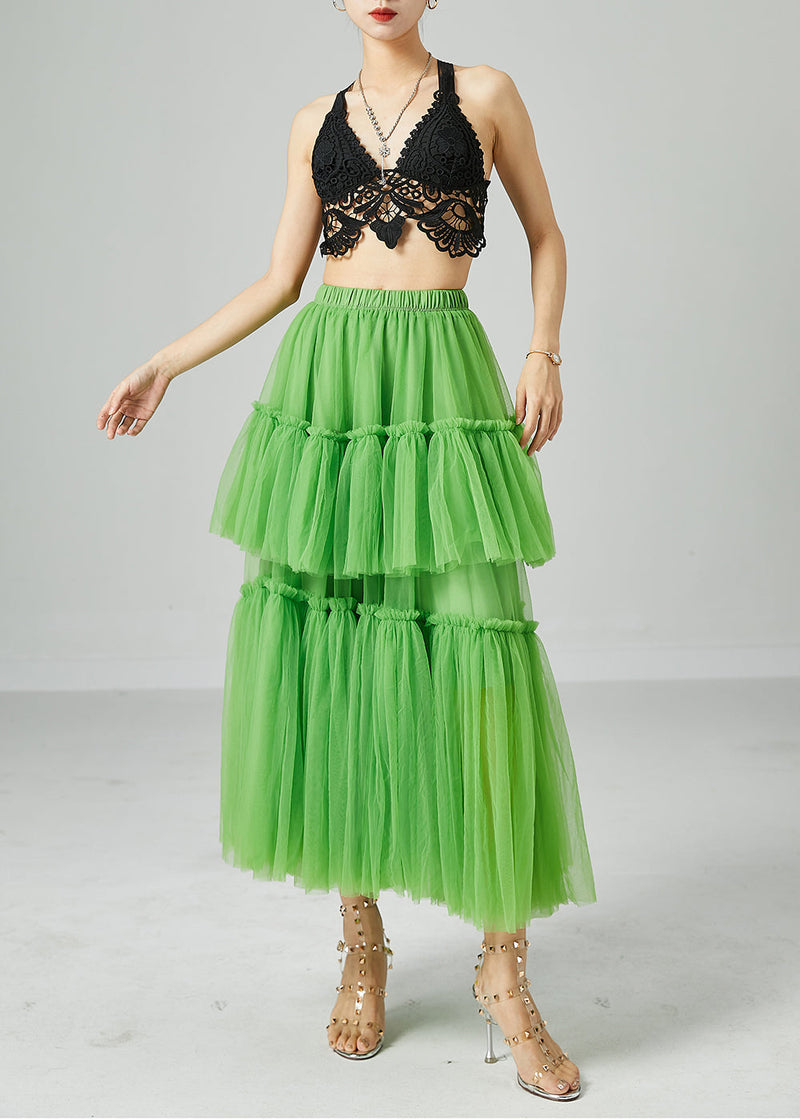 Green Elastic Waist Patchwork Wrinkled Tulle Skirts Summer