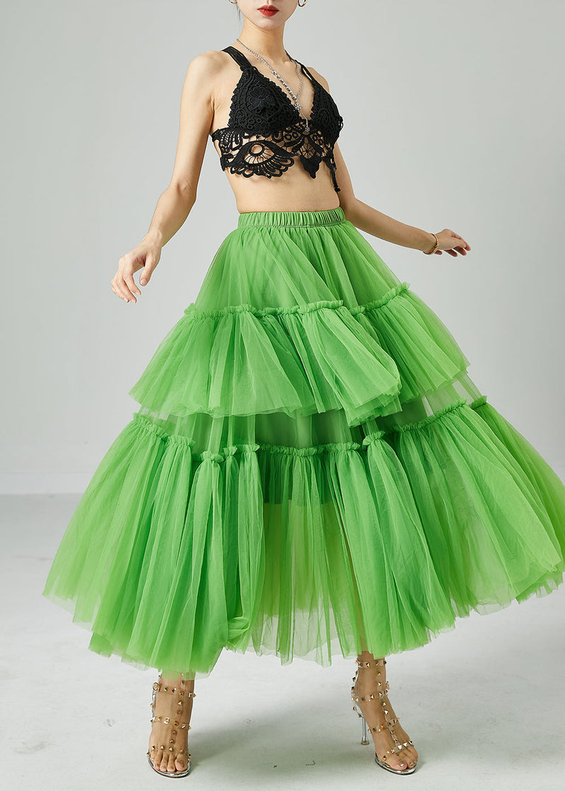 Green Elastic Waist Patchwork Wrinkled Tulle Skirts Summer