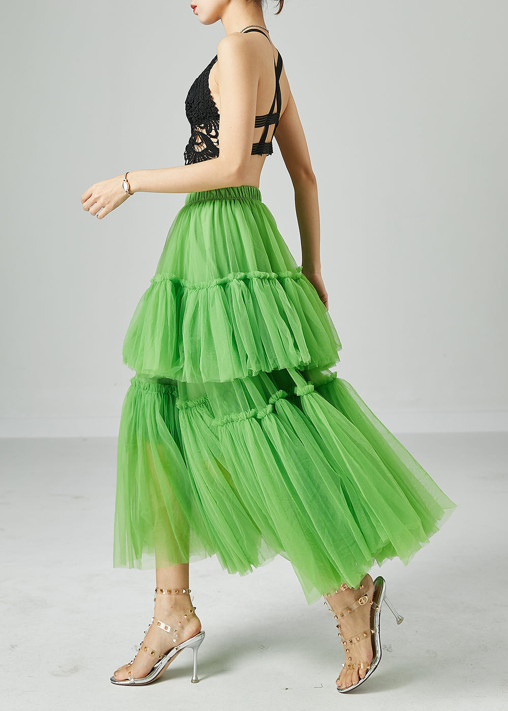 Green Elastic Waist Patchwork Wrinkled Tulle Skirts Summer