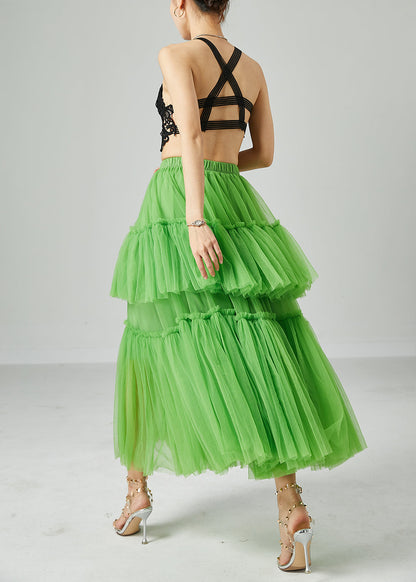 Green Elastic Waist Patchwork Wrinkled Tulle Skirts Summer