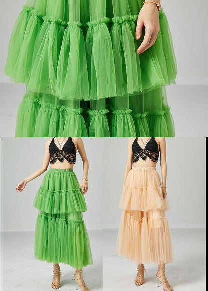 Green Elastic Waist Patchwork Wrinkled Tulle Skirts Summer