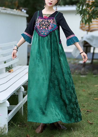 Green Embroidered Jacquard Silk Spaghetti Strap Dress Sleeveless