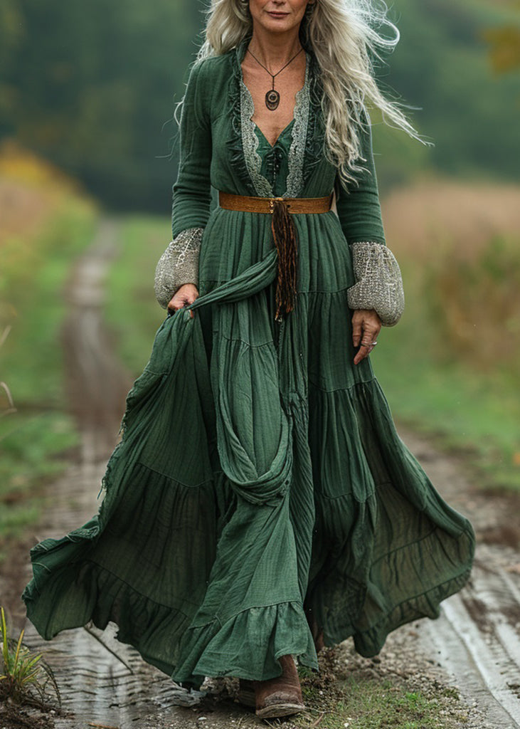 Green Lace Wrinkled Patchwork Cotton Long Dress Spring