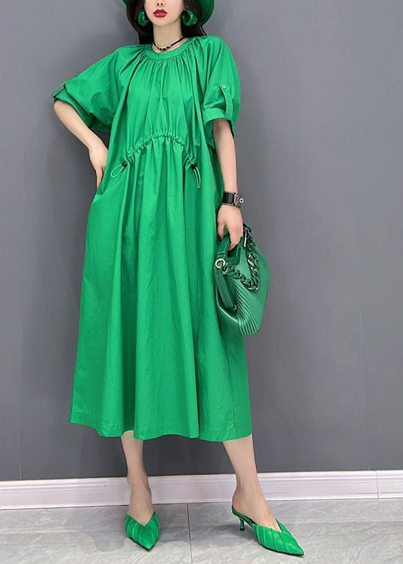 Green O-neck Drawstring Wrinkled Cotton Holiday Dress Summer