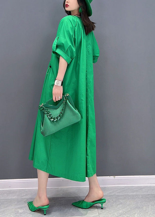 Green O-neck Drawstring Wrinkled Cotton Holiday Dress Summer