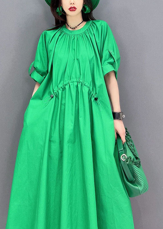 Green O-neck Drawstring Wrinkled Cotton Holiday Dress Summer