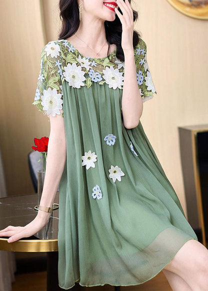 Green O-neck Embroideried Patchwork Tulle Mid Dresses Short Sleeve