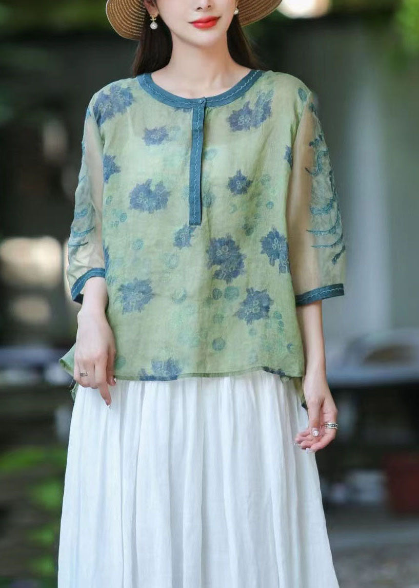 Green O Neck Organza Embroideried Patchwork Linen Top Summer
