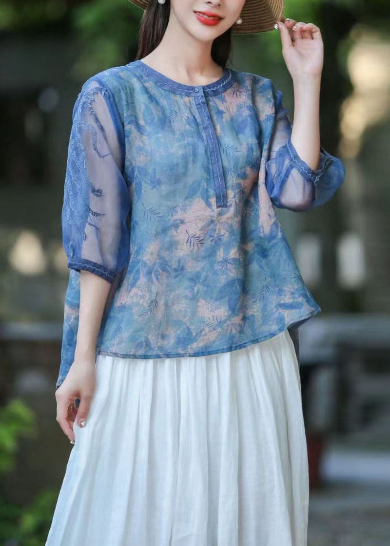 Green O Neck Organza Embroideried Patchwork Linen Top Summer