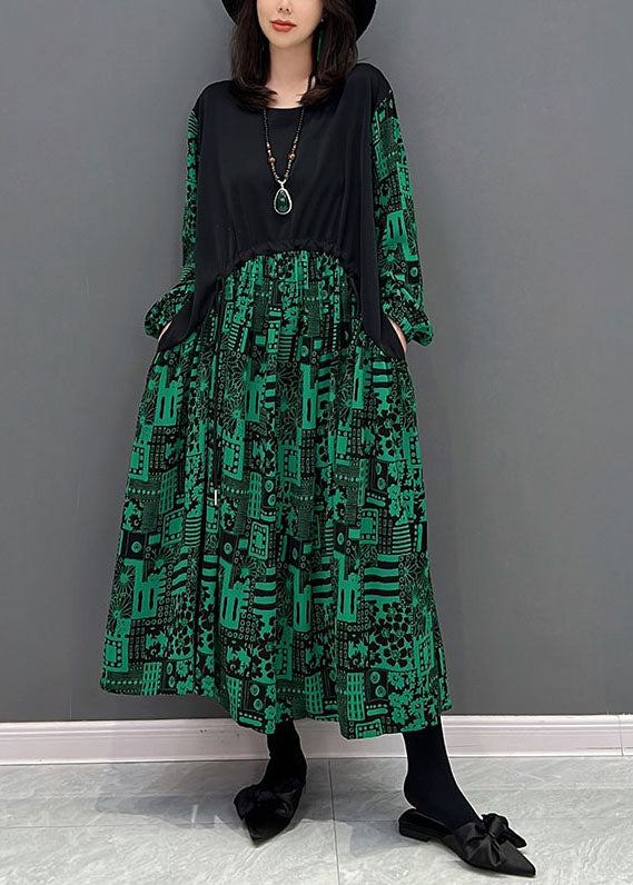Green O-neck Patchwork Drawstring Cotton Maxi Dresses Fall