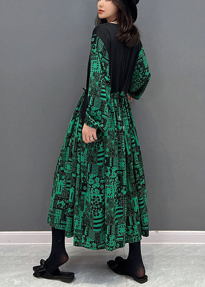 Green O-neck Patchwork Drawstring Cotton Maxi Dresses Fall