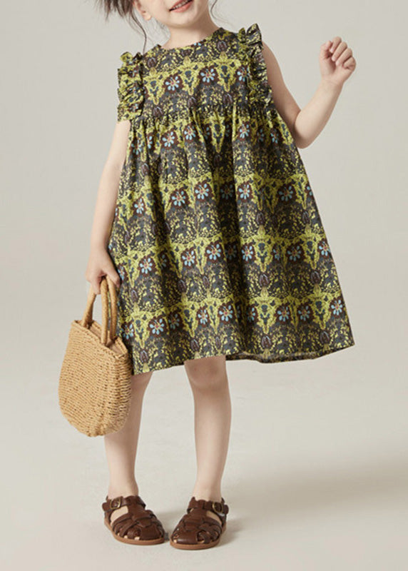 Green O-neck Print Ruffled Wrinkled Cotton Mid Dress Sleeveless