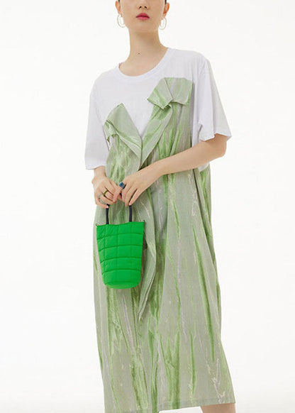 Green O-neck Wrinkled Print Patchwork Cotton Dress Summer
