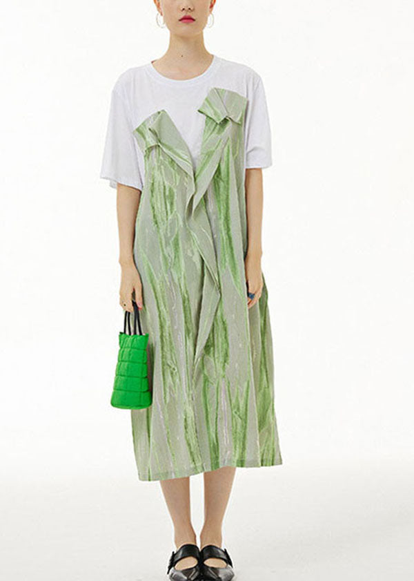 Green O-neck Wrinkled Print Patchwork Cotton Dress Summer