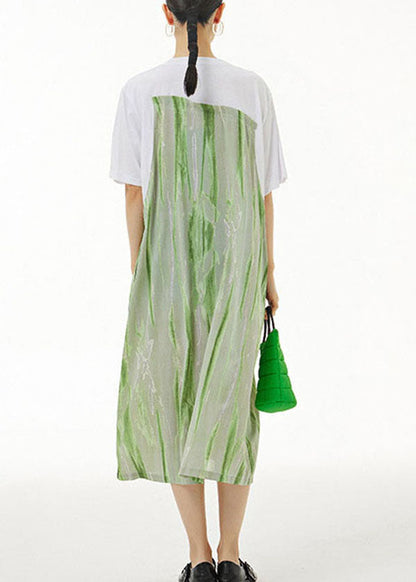Green O-neck Wrinkled Print Patchwork Cotton Dress Summer