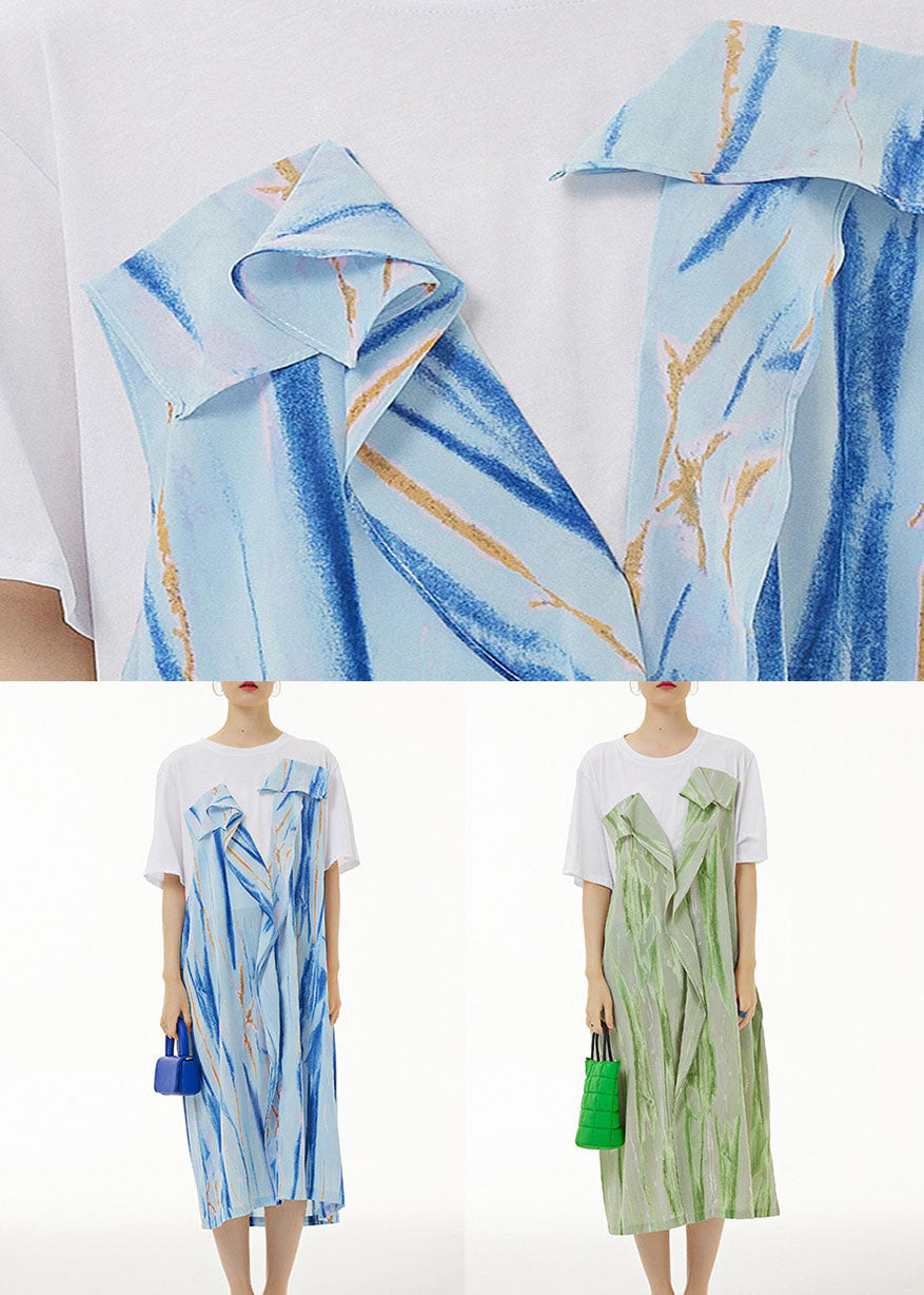 Green O-neck Wrinkled Print Patchwork Cotton Dress Summer