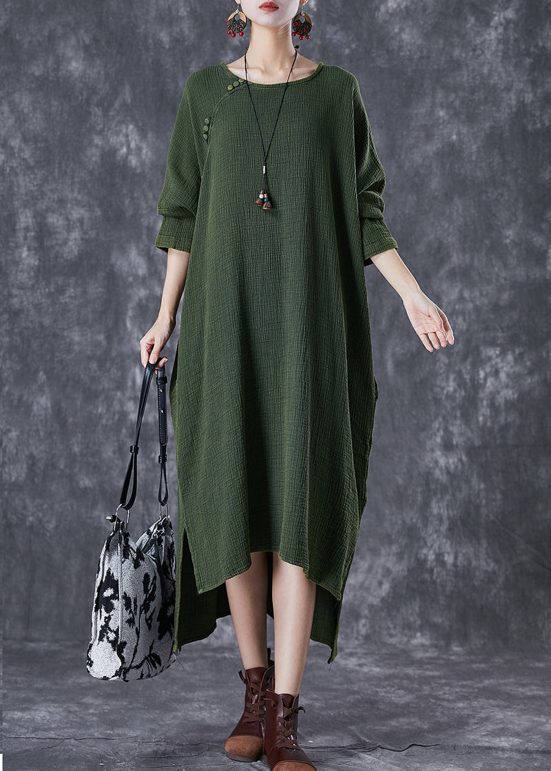 Green Oversized Low High Design Linen Maxi Dresses Fall