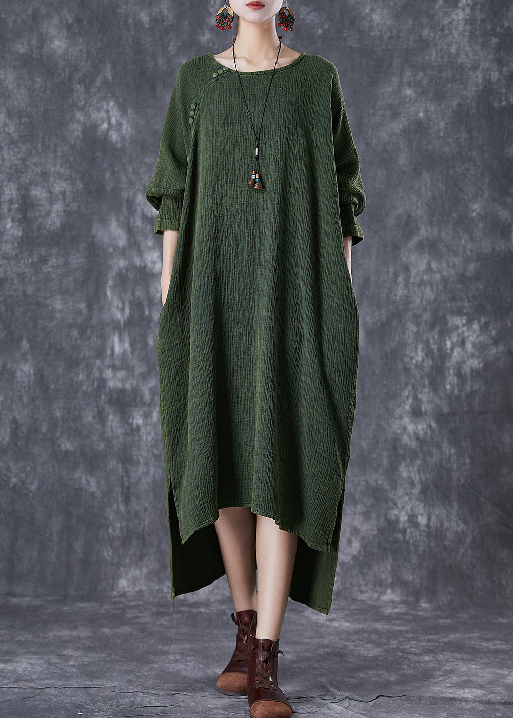 Green Oversized Low High Design Linen Maxi Dresses Fall