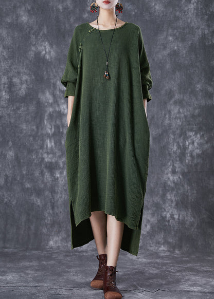 Green Oversized Low High Design Linen Maxi Dresses Fall