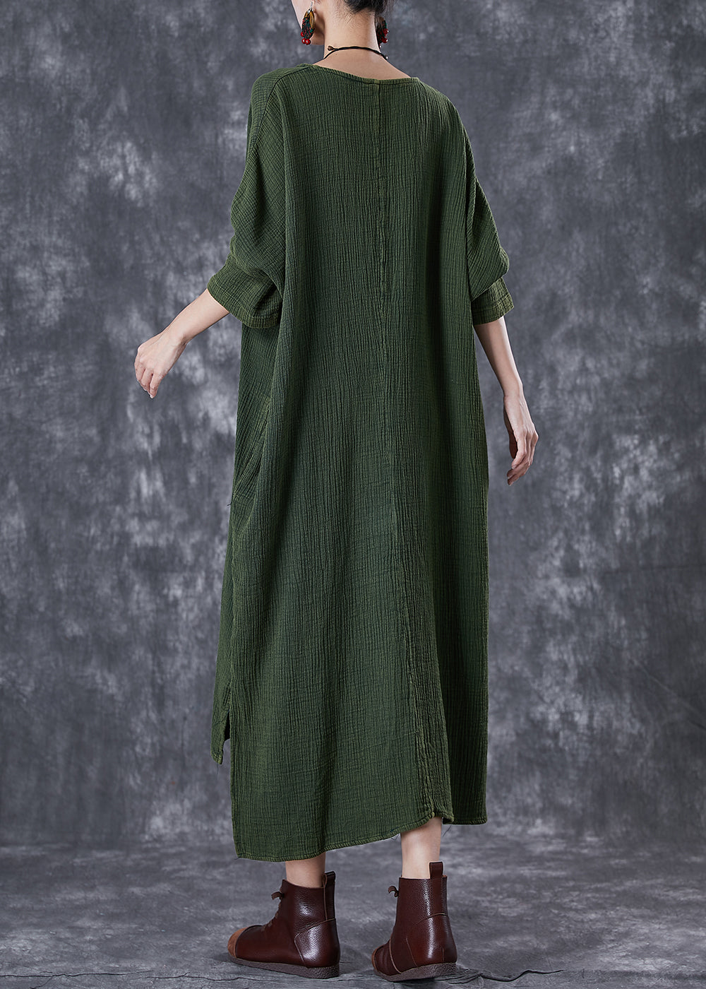 Green Oversized Low High Design Linen Maxi Dresses Fall