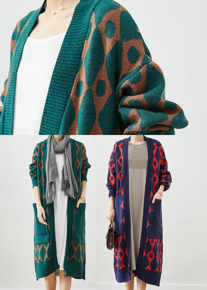 Green Oversized Patchwork Pockets Knit Cardigan Fall