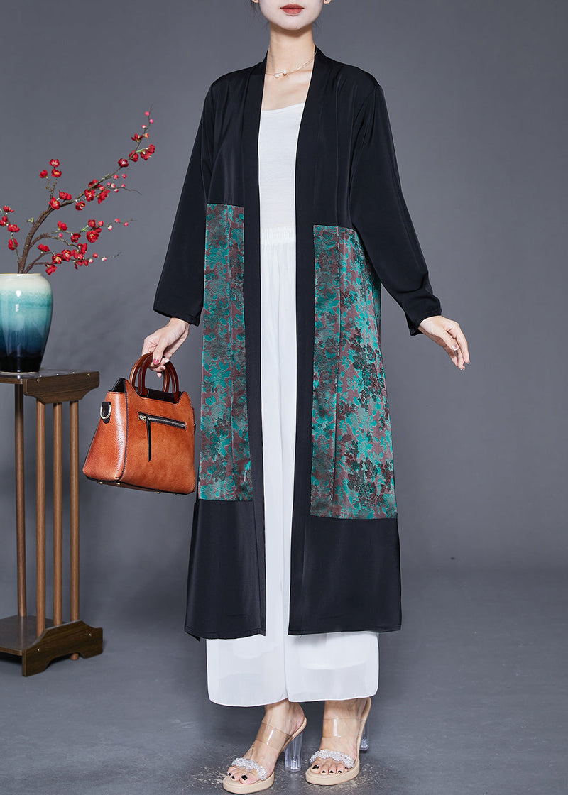 Green Oversized Patchwork Silk Long Cardigans Fall