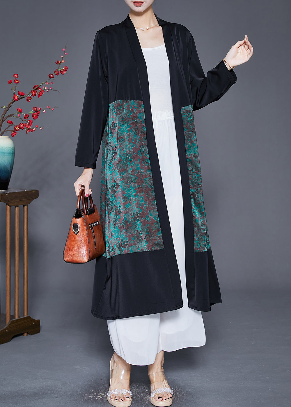 Green Oversized Patchwork Silk Long Cardigans Fall