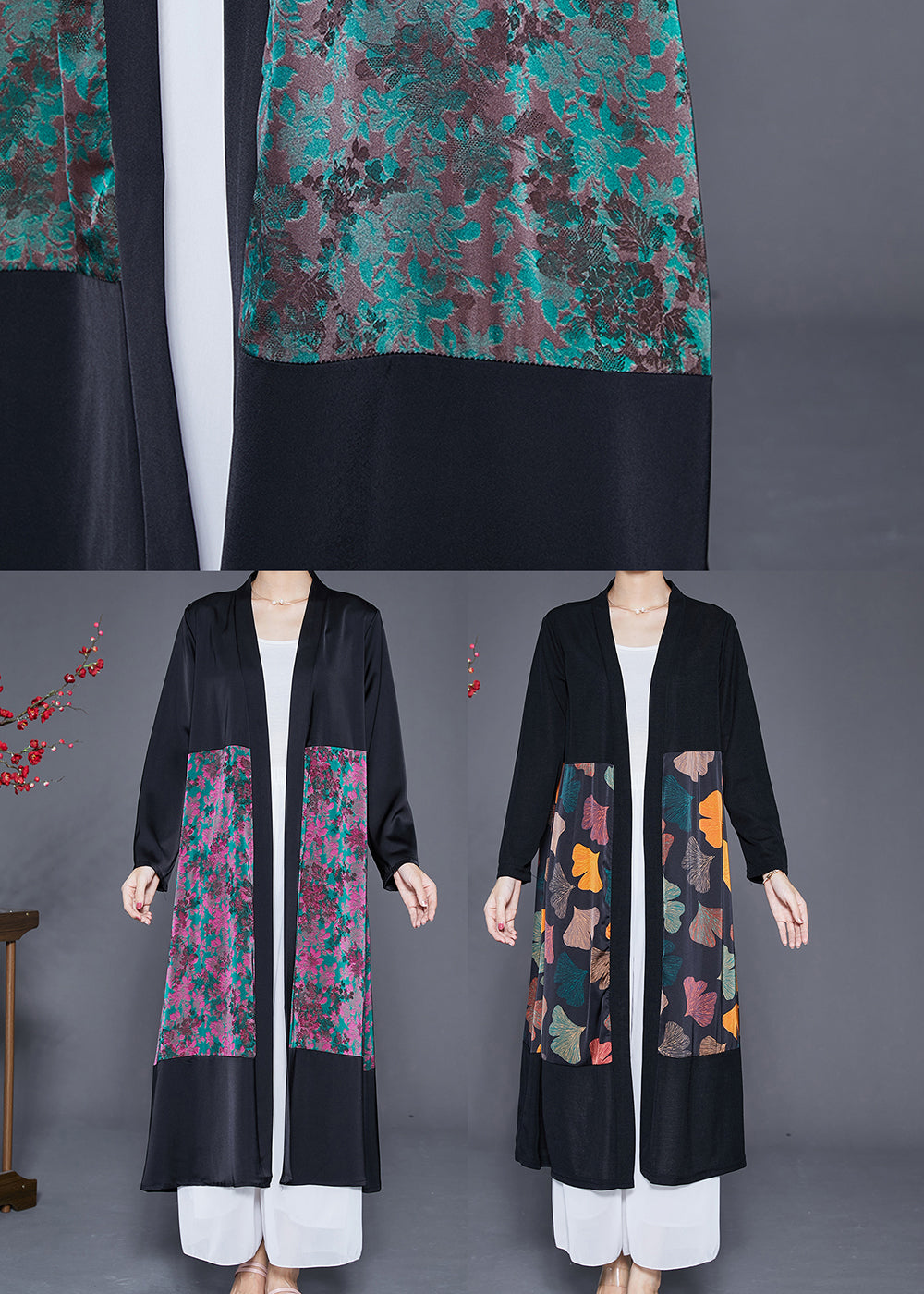 Green Oversized Patchwork Silk Long Cardigans Fall