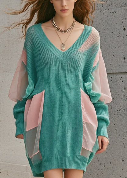 Green Oversized Patchwork Tulle Long Sweater Fall