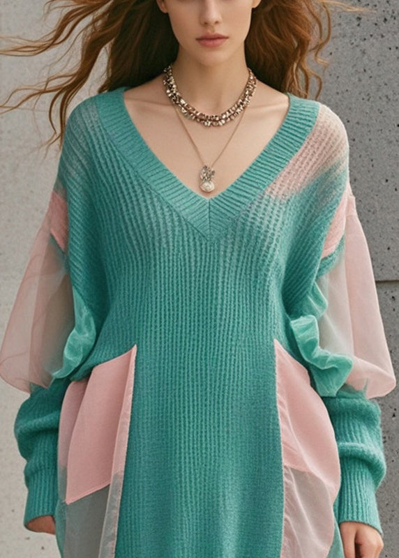 Green Oversized Patchwork Tulle Long Sweater Fall