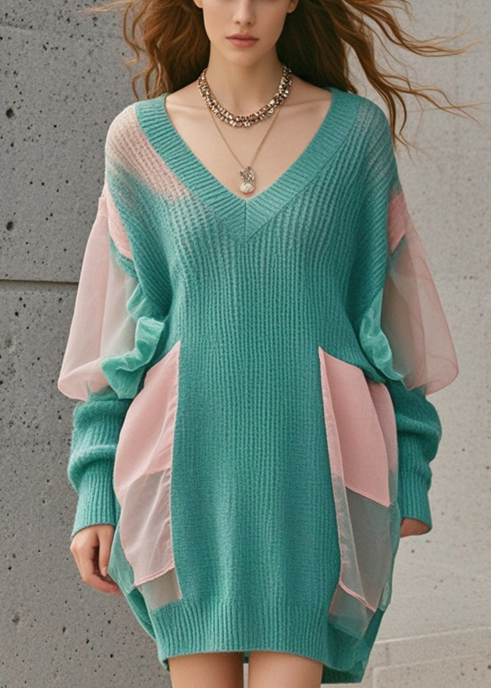 Green Oversized Patchwork Tulle Long Sweater Fall