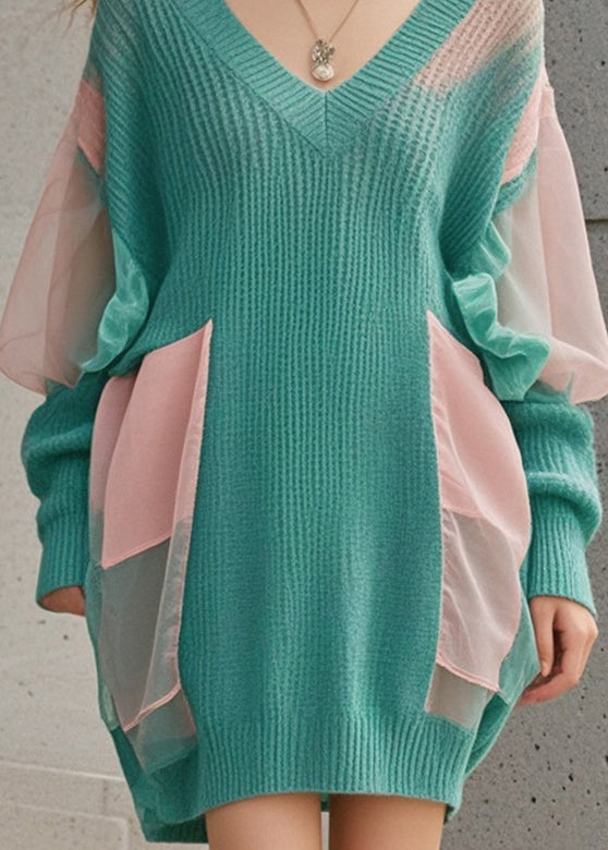 Green Oversized Patchwork Tulle Long Sweater Fall