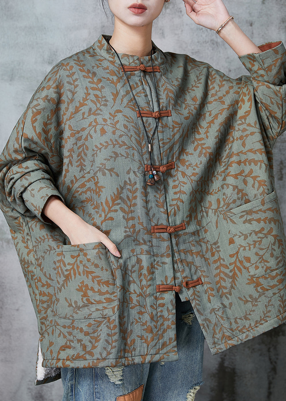Green Oversized Print Cotton Oriental Coat Spring