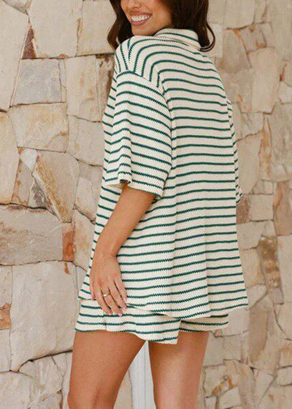 Green Patchwork Shirts and Shorts Two Piece Set Summer