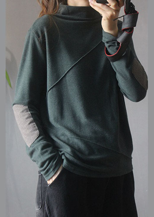 Green Patchwork Patch Applique Warm Fleece Tops Winter