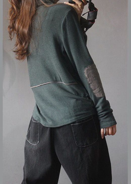 Green Patchwork Patch Applique Warm Fleece Tops Winter