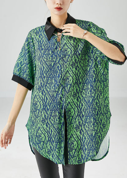 Green Peter Pan Collar Patchwork Print Side Open Chiffon Top Summer