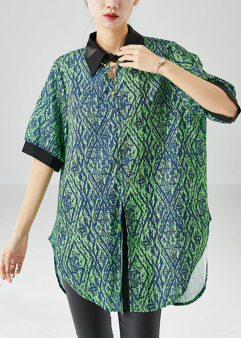 Green Peter Pan Collar Patchwork Print Side Open Chiffon Top Summer