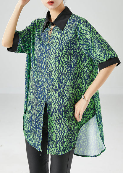 Green Peter Pan Collar Patchwork Print Side Open Chiffon Top Summer