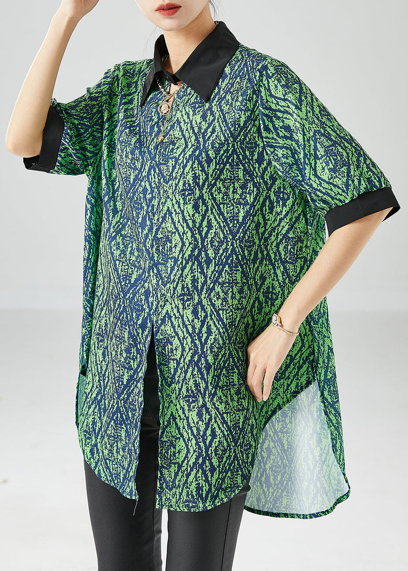 Green Peter Pan Collar Patchwork Print Side Open Chiffon Top Summer