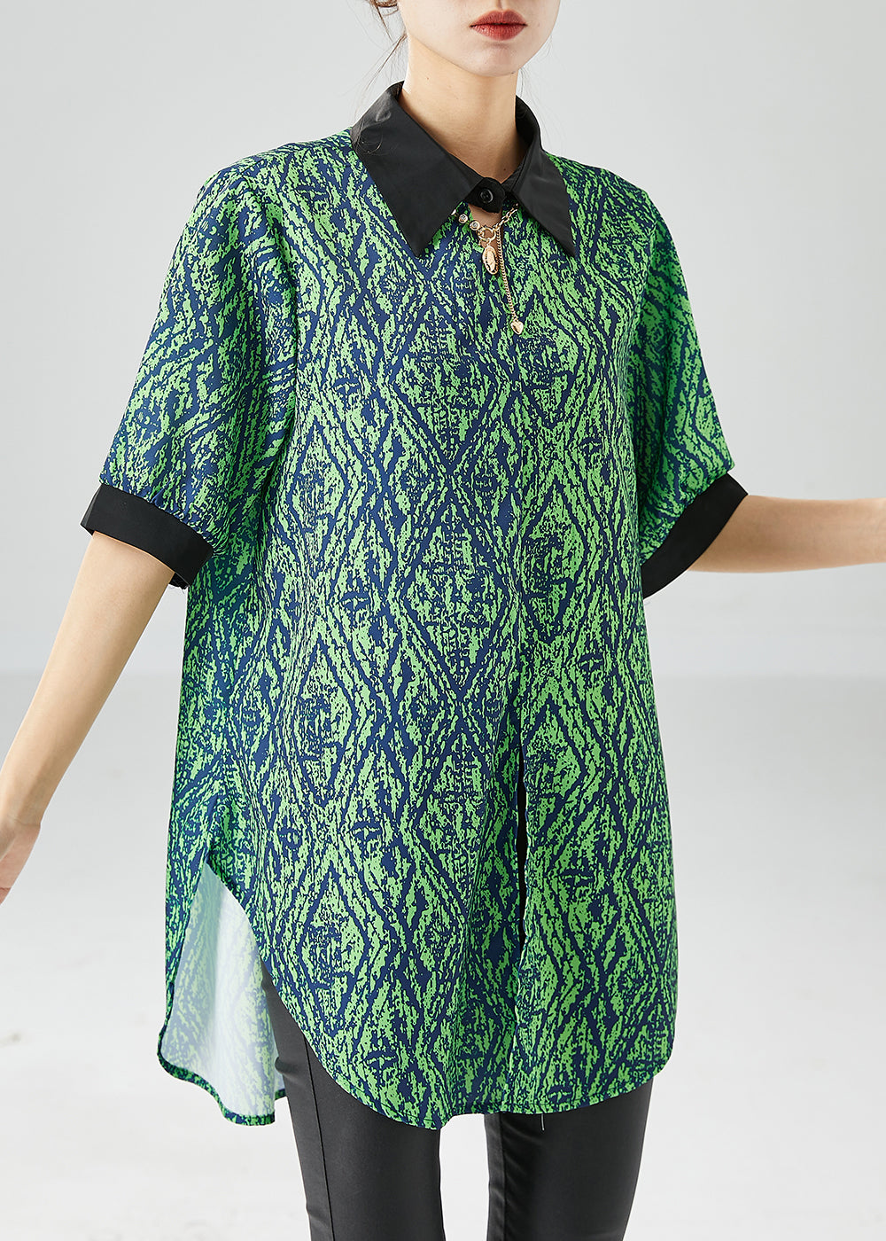 Green Peter Pan Collar Patchwork Print Side Open Chiffon Top Summer