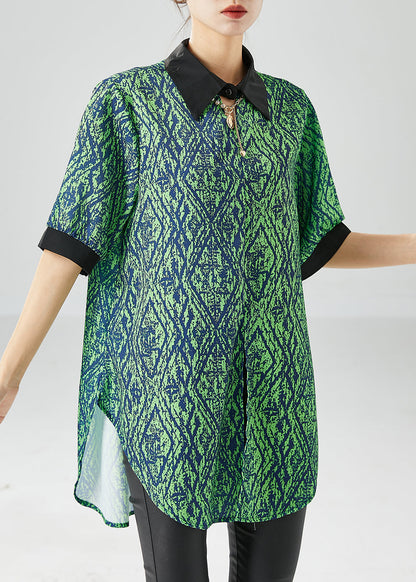 Green Peter Pan Collar Patchwork Print Side Open Chiffon Top Summer